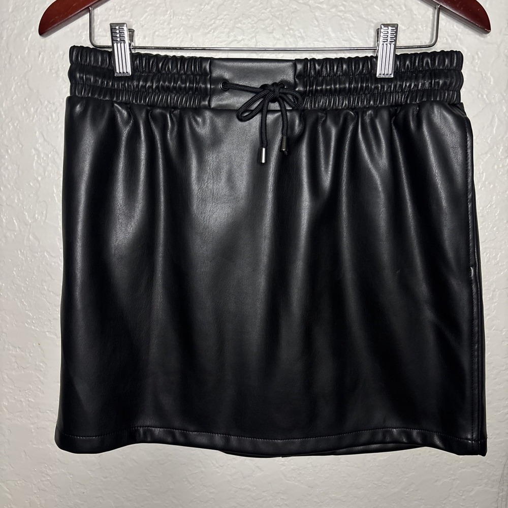 Tinseltown Black Faux Leather Mini Skirt with Drawstring Waist & Pockets, Size L